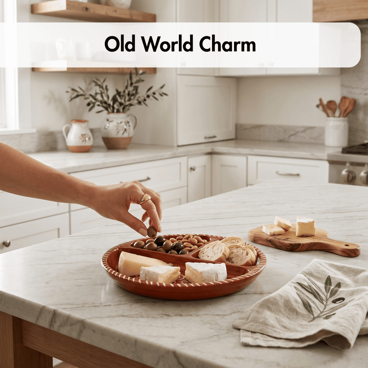 A terracotta-colored ceramic charcuterie board with three compartments sits on a white marble kitchen counter, filled with cheeses, olives, and bread. A person&