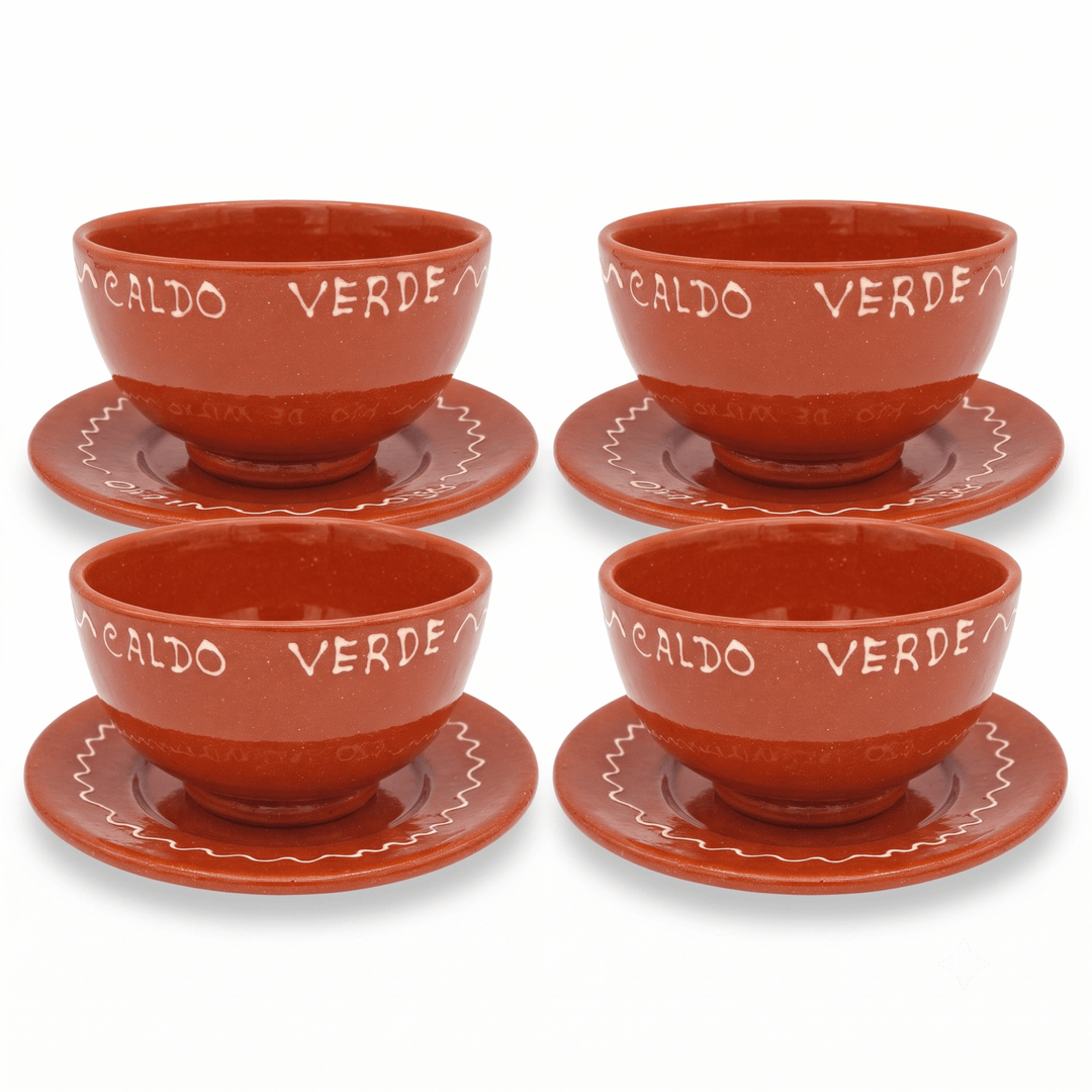 Four terracotta-colored ceramic teacups with matching saucers, each printed with the words 'CALDO VERDE' in white. The cups and saucers are arranged in a 2x2 grid on a clean white background.