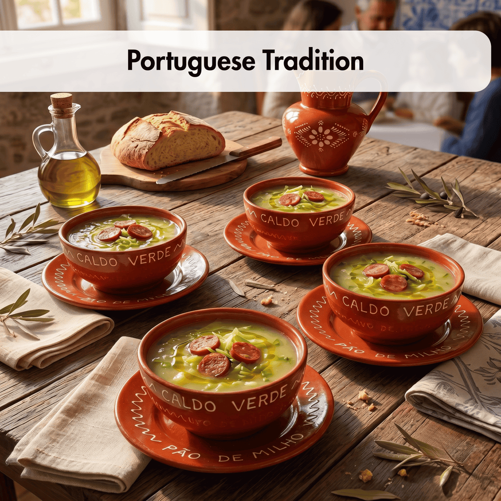 Four terracotta-colored ceramic bowls of green soup with sliced sausage, set on a rustic wooden table with bread, olive oil, napkins, and a ceramic pitcher. A white banner at the top reads 'Portuguese Tradition'.