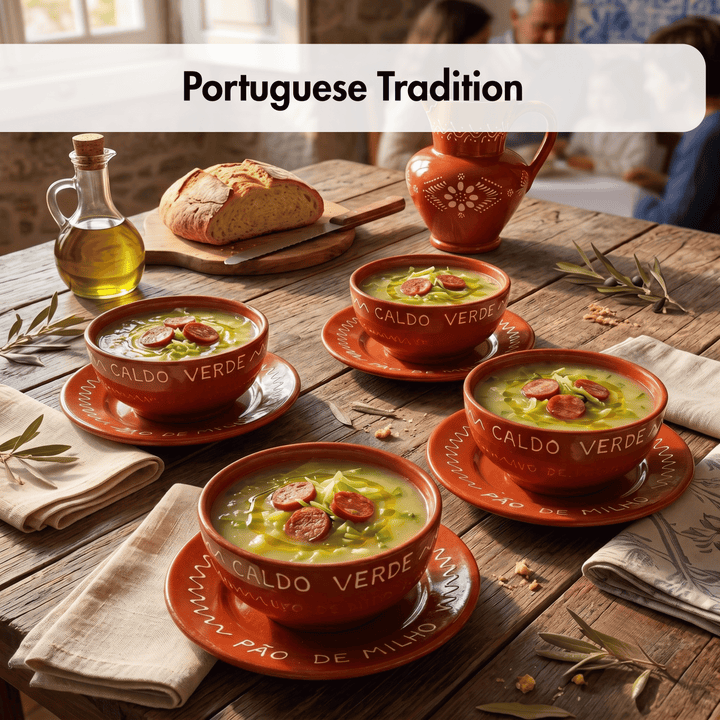 Four terracotta-colored ceramic bowls of green soup with sliced sausage, set on a rustic wooden table with bread, olive oil, napkins, and a ceramic pitcher. A white banner at the top reads &