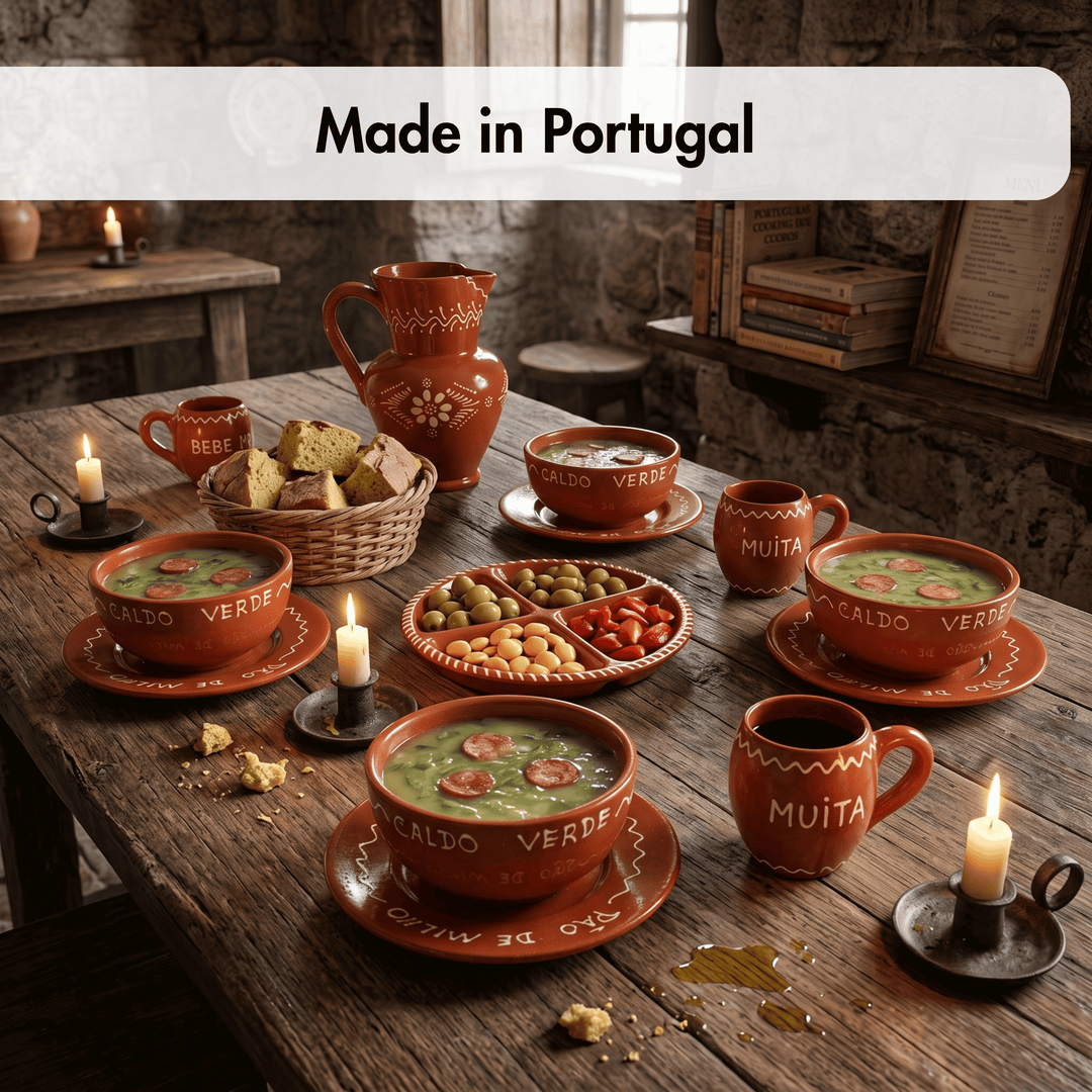 A rustic dining table set with multiple handmade terracotta bowls, mugs, and a pitcher, filled with soup and bread, in a dimly lit medieval-style room. A white banner at the top reads &