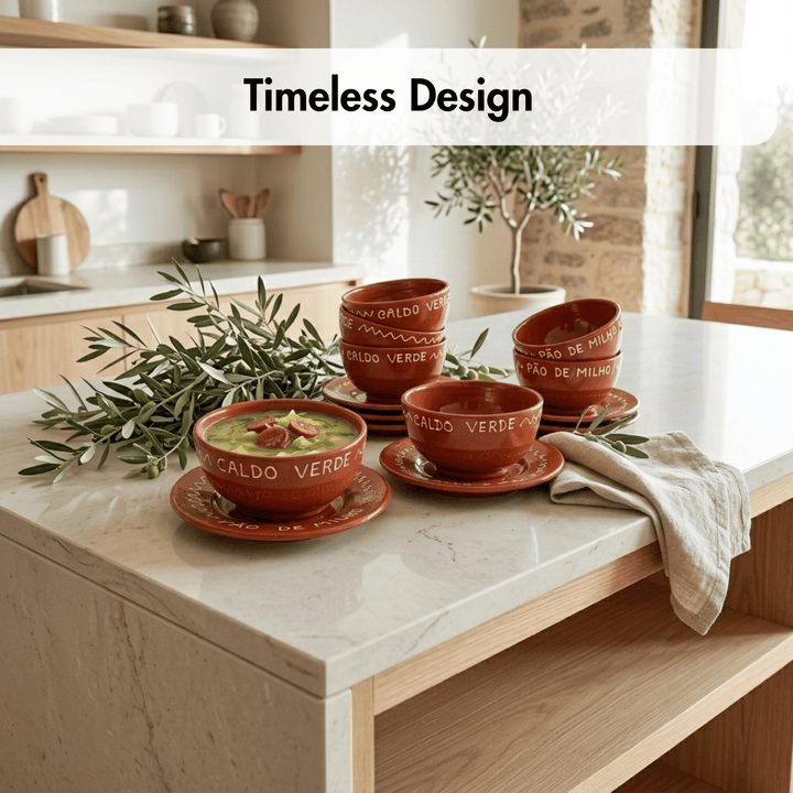 Terracotta-colored ceramic soup bowls and saucers with white text, styled on a marble kitchen countertop with olive branches, a folded napkin, and a bowl of green soup. A text overlay at the top reads &
