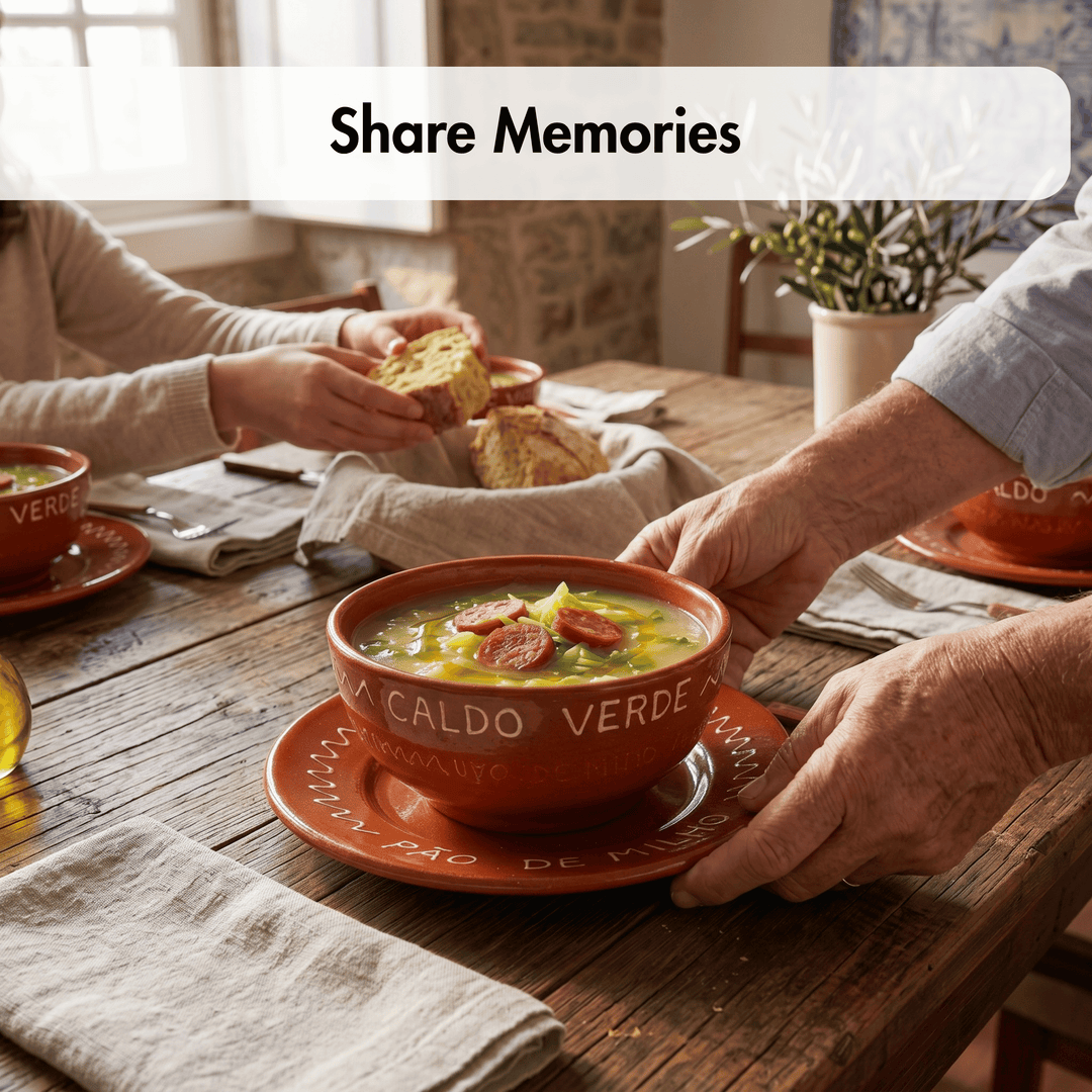 A warm dining scene at a rustic wooden table with people sharing a bowl of soup. The soup bowl is a terracotta-colored ceramic dish with white text reading &