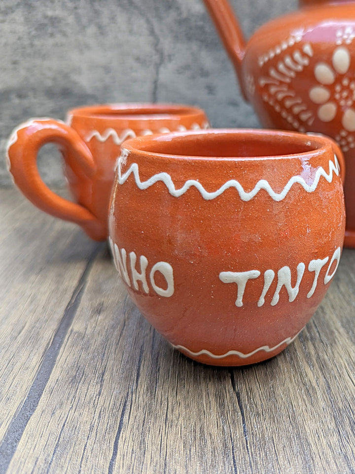 Portuguese Pottery Terracotta Glazed Clay Wine Mugs - Set of 4