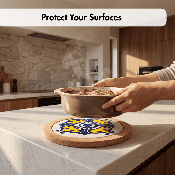 A ceramic trivet with a blue and yellow floral pattern sits on a white marble kitchen countertop, with a person holding a steaming brown baking dish above it. A white banner at the top reads &