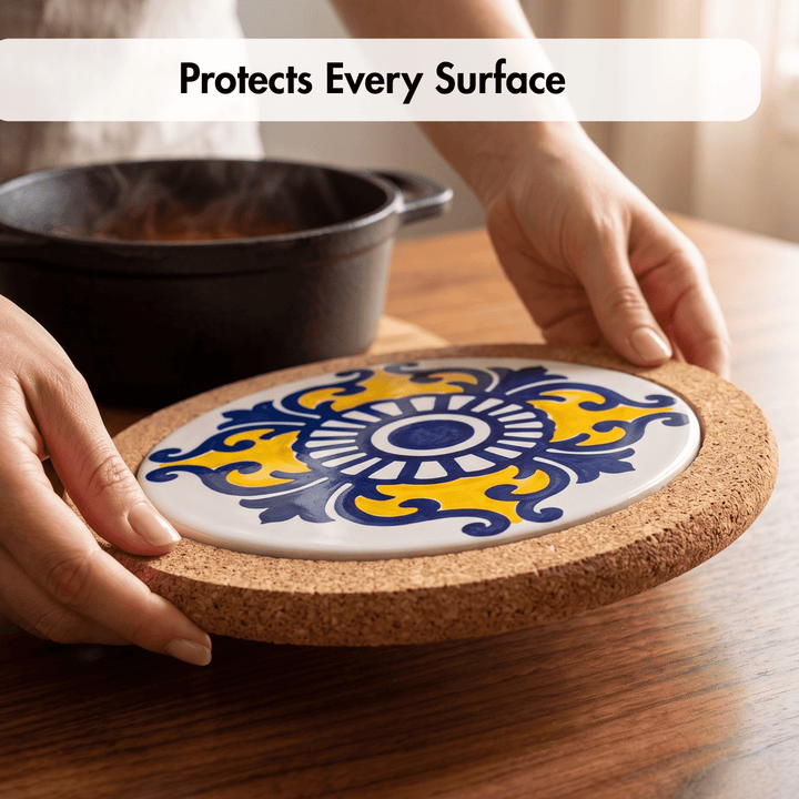A round cork coasters with a white, blue, and yellow ceramic tile design in the center, being held by hands over a wooden table next to a cast iron pot. A text overlay at the top reads &