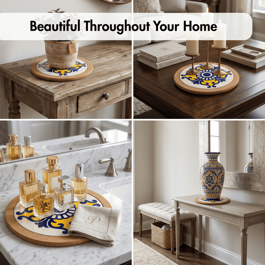 A four-panel collage showing a decorative round tray with a blue and yellow floral pattern and a light wood rim, styled in different home settings: on a wooden side table, a coffee table with candles, a bathroom counter with perfume bottles and a folded napkin, and on a console table with a matching vase.