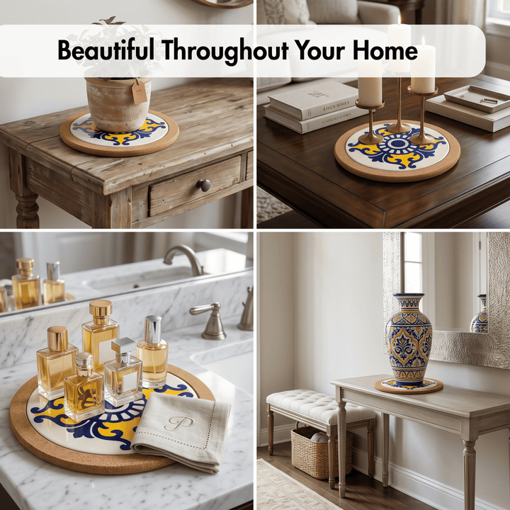A four-panel collage showing a decorative round tray with a blue and yellow floral pattern and a light wood rim, styled in different home settings: on a wooden side table, a coffee table with candles, a bathroom counter with perfume bottles and a folded napkin, and on a console table with a matching vase.