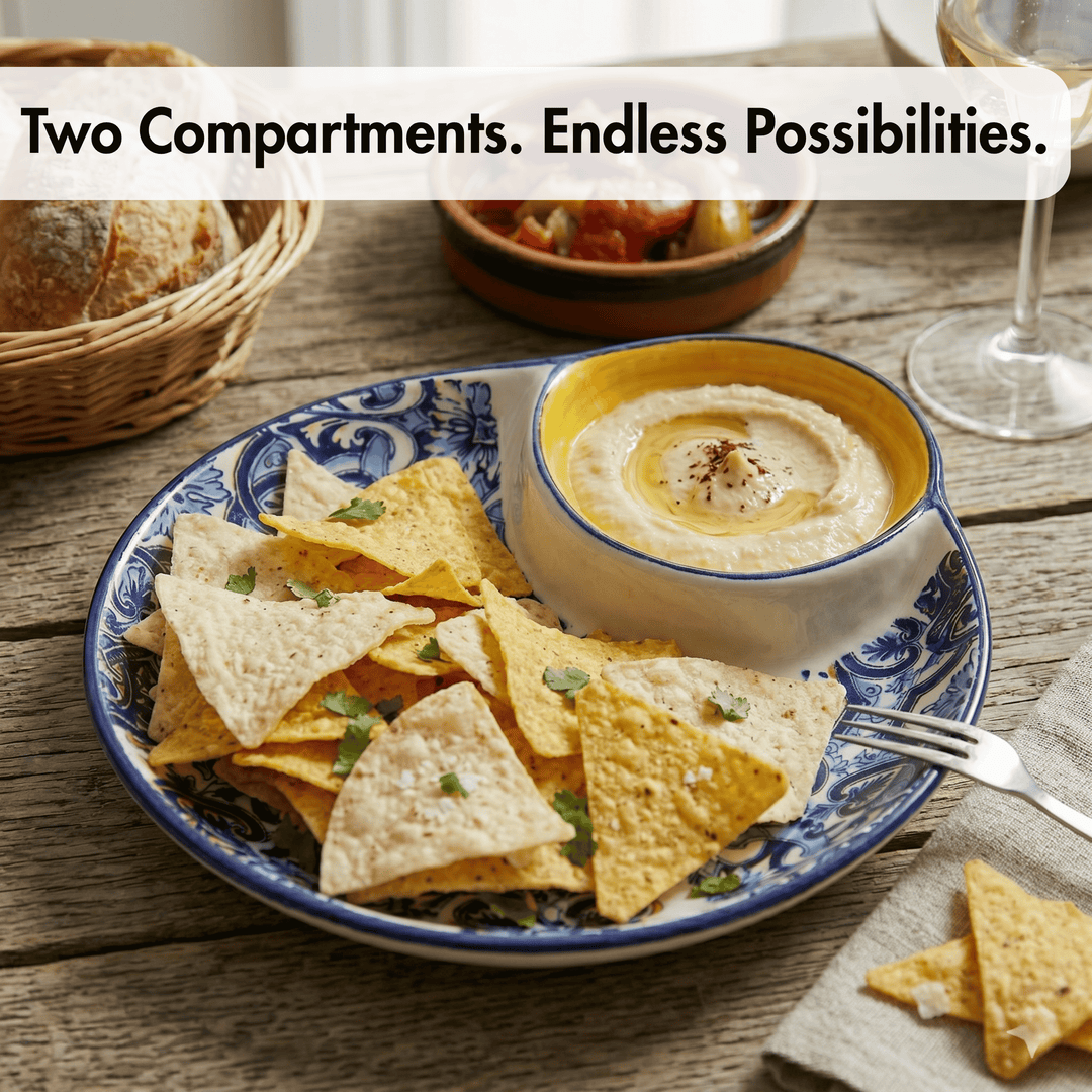 A blue and white ceramic plate holding a bowl of creamy dip and a pile of tortilla chips, set on a rustic wooden table with bread, a glass, and a fork nearby. A white banner at the top reads, &