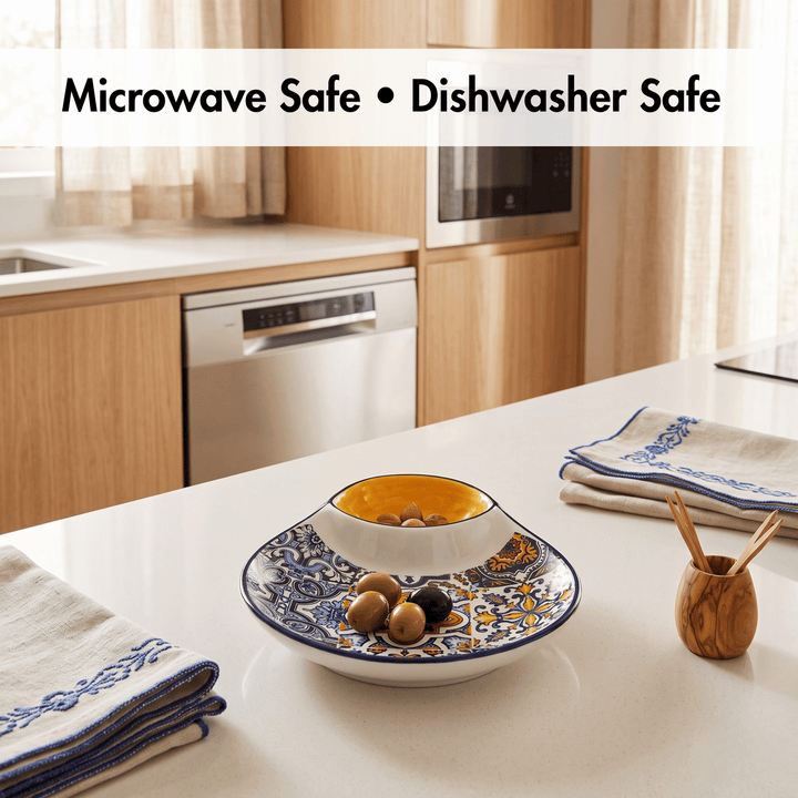 A decorative ceramic serving bowl with a white base, yellow interior, and blue floral pattern, styled on a kitchen counter with food and matching towels. Text at the top reads &