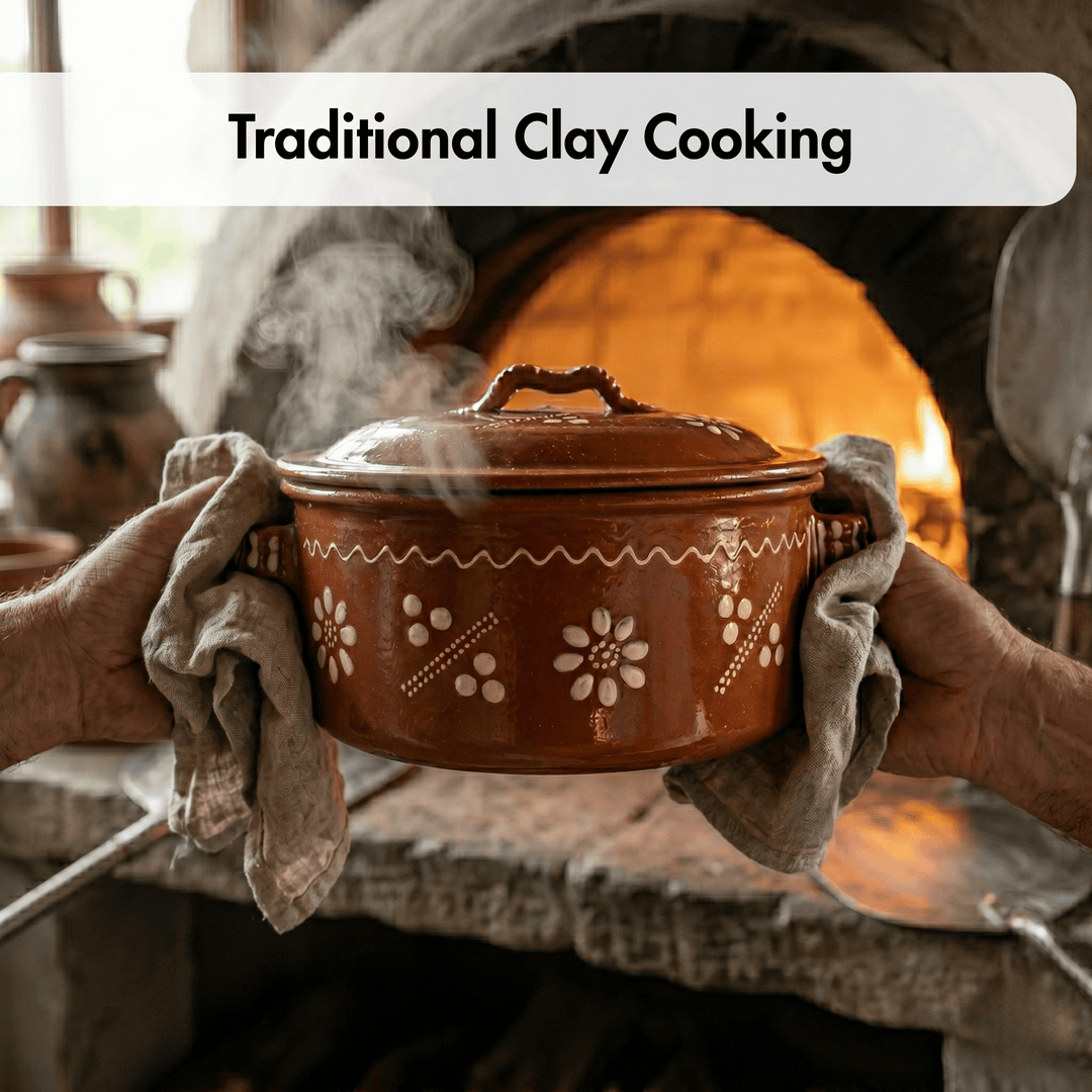 Person holding a traditional clay cooking pot with steam, set against a rustic background.