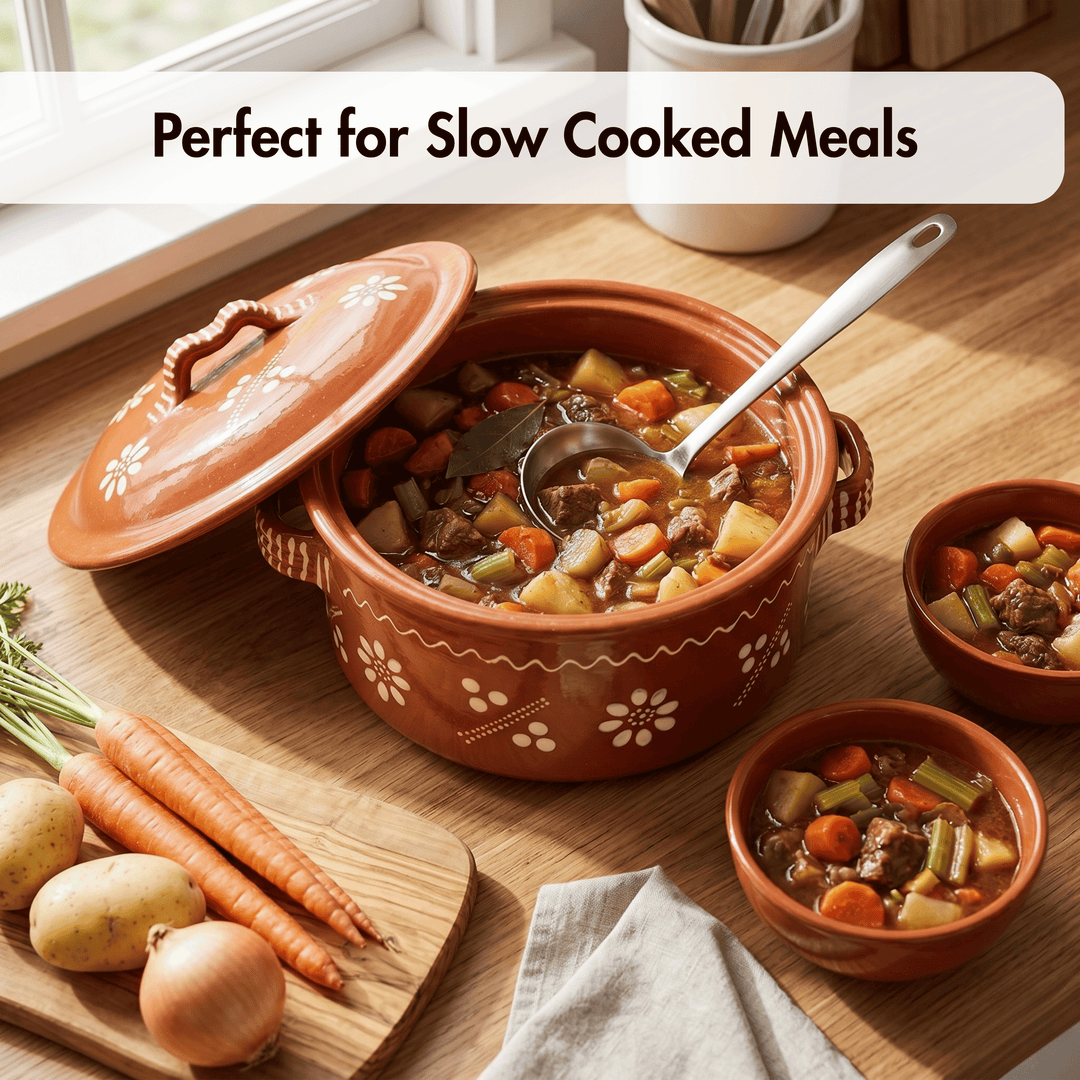 Ceramic pot with stew on a wooden table, surrounded by vegetables.