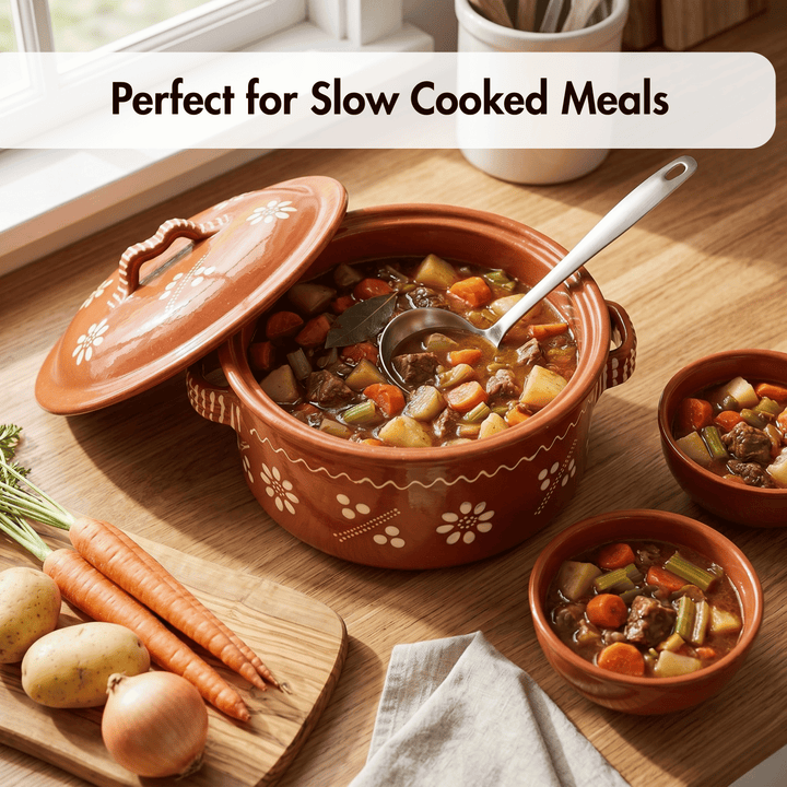 Ceramic pot with stew on a wooden table, surrounded by vegetables.