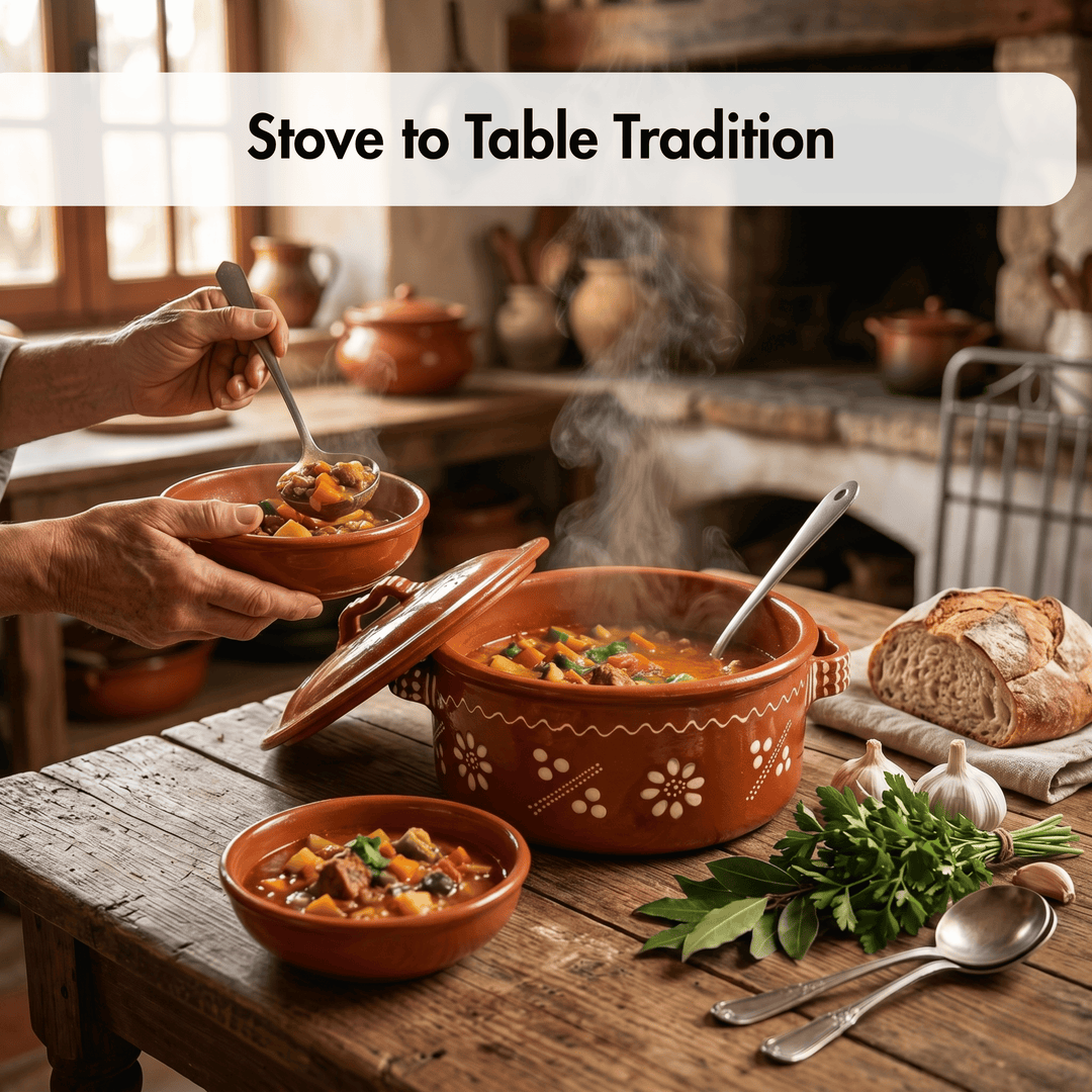 Ceramic pots of soup on a wooden table with bread and herbs, rustic kitchen setting.