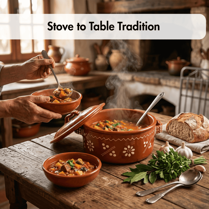 Ceramic pots of soup on a wooden table with bread and herbs, rustic kitchen setting.