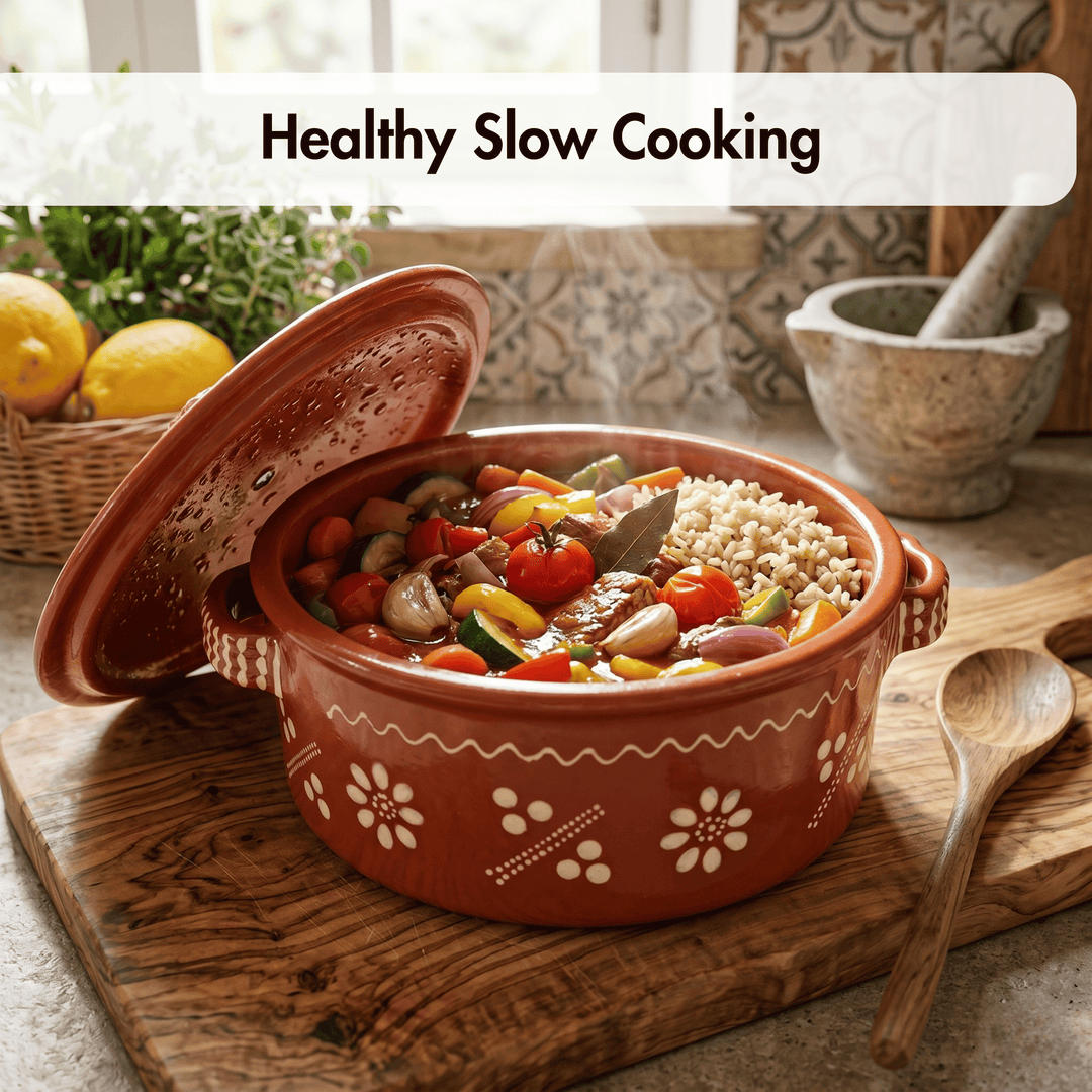 Ceramic slow cooker with a stew on a wooden cutting board, labeled 'Healthy Slow Cooking'.