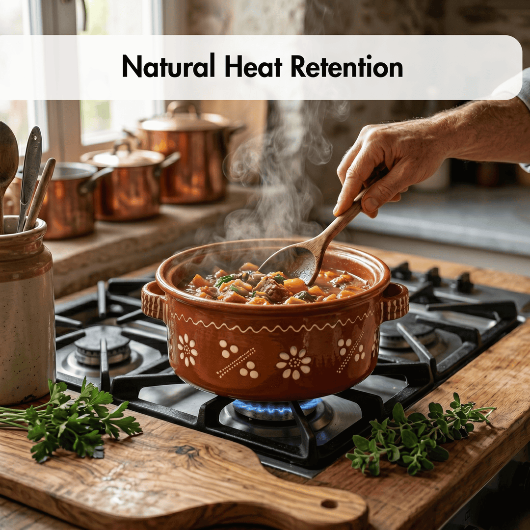 Ceramic pot on a stove with steam rising, surrounded by kitchen utensils and ingredients.