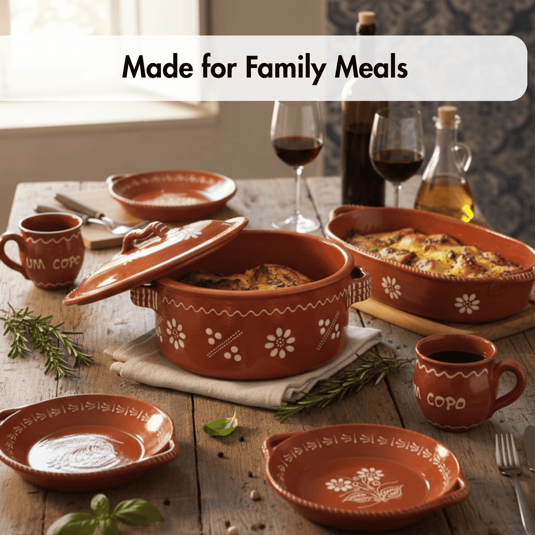 Ceramic dishes on a wooden table with food and glasses, featuring the text 'Made for Family Meals'.