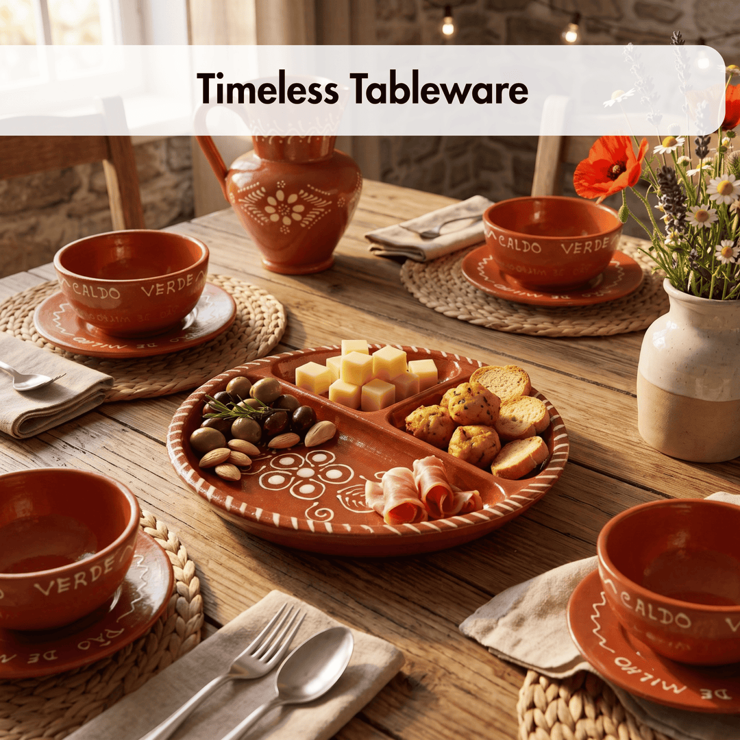 A styled dining table setting featuring terracotta-colored ceramic tableware, including bowls, plates, and a serving tray with food, arranged on woven placemats with napkins and a vase of flowers. A semi-transparent banner at the top reads &
