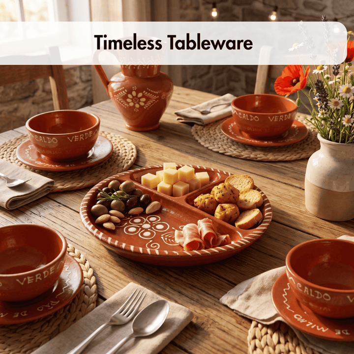 A styled dining table setting featuring terracotta-colored ceramic tableware, including bowls, plates, and a serving tray with food, arranged on woven placemats with napkins and a vase of flowers. A semi-transparent banner at the top reads &