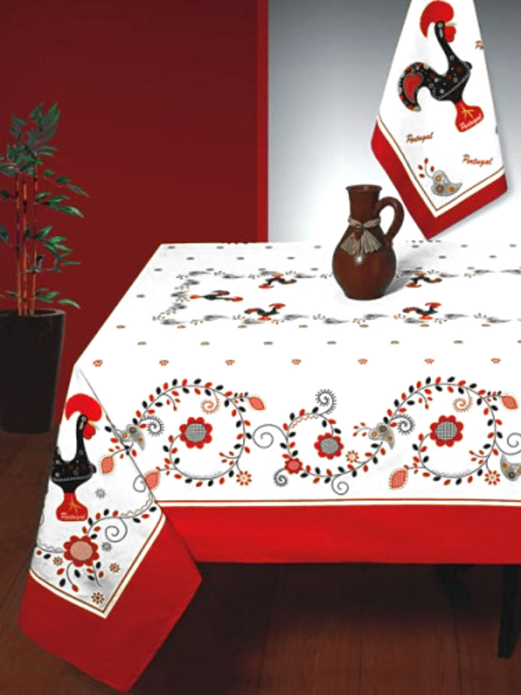 Red Tablecloth with Galo de Barcelos & Viana Embroidery