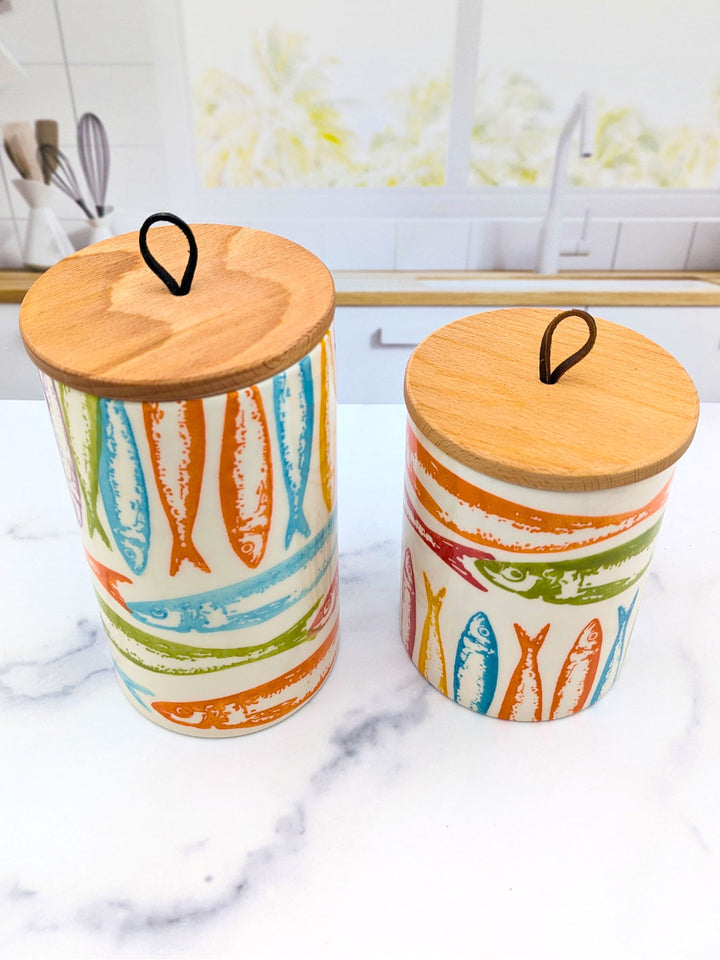 Set of 2 Portuguese Pottery Ceramic Kitchen Canisters - POP Sardines