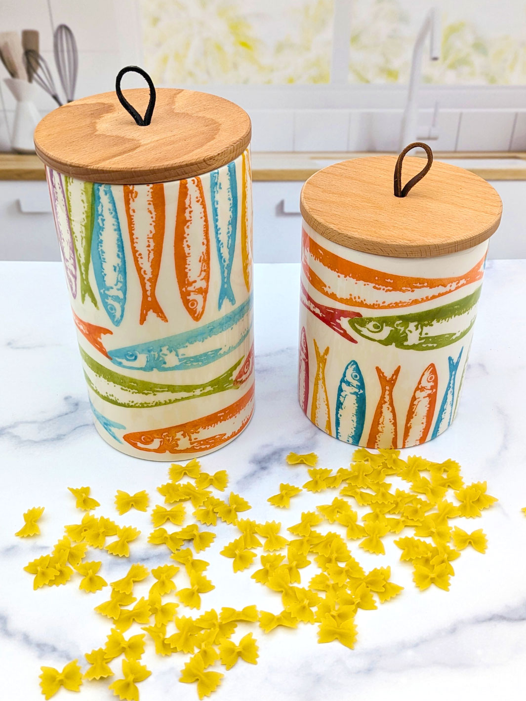 Set of 2 Portuguese Pottery Ceramic Kitchen Canisters - POP Sardines