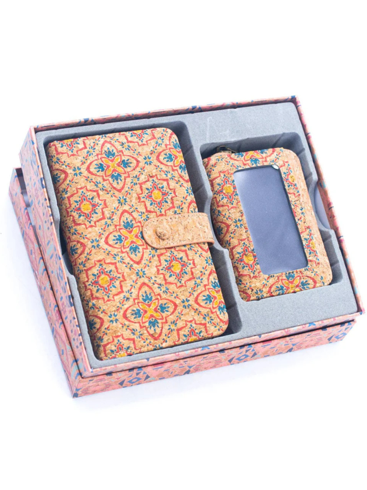 Elegant Portuguese Tiles Cork Wallet Set for Women's - Stylish Gift Box Duo