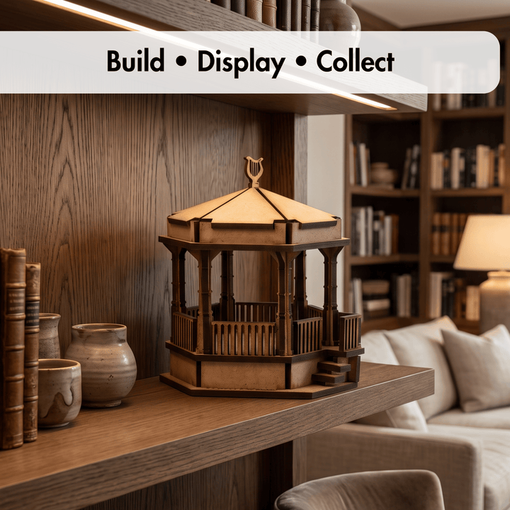A wooden pavilion-style decorative model or puzzle piece displayed on a wooden shelf in a cozy living room setting. A translucent banner at the top reads &
