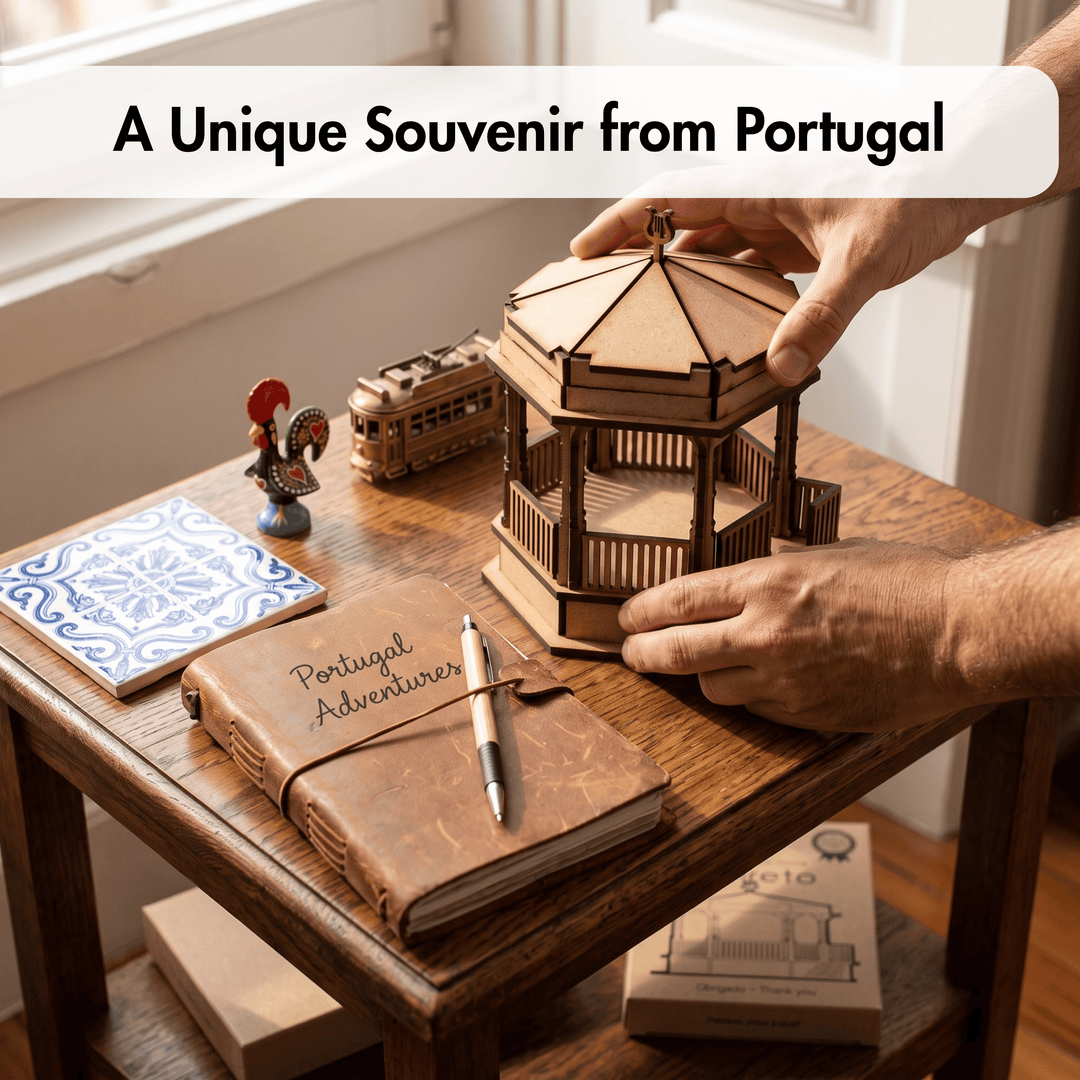 A wooden octagonal gazebo model being held by two hands over a rustic wooden table. The table is styled with a brown leather journal, a blue and white ceramic tile, a small rooster figurine, a miniature train, and a pen.