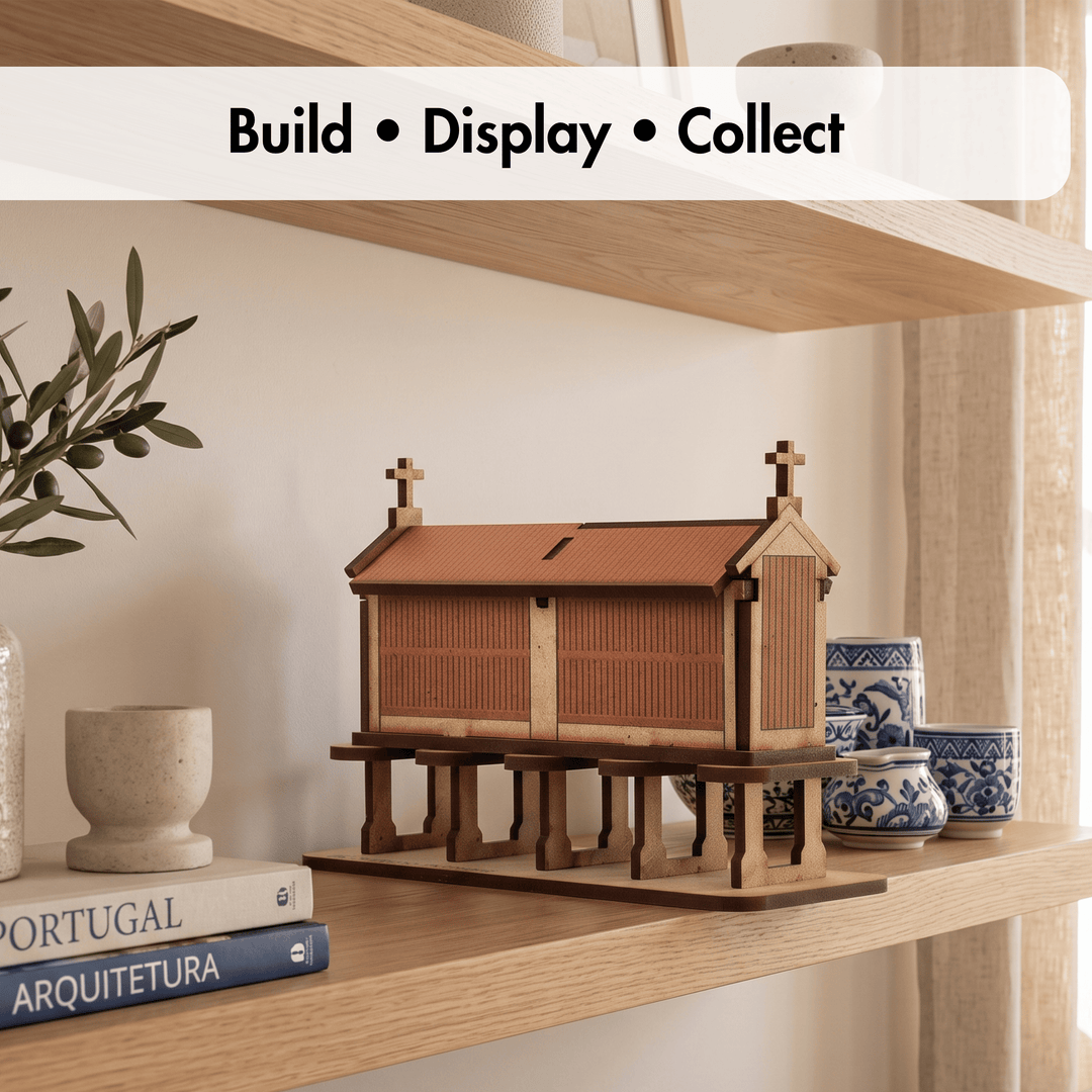A wooden architectural model of a Japanese temple or shrine is displayed on a light wood shelf, surrounded by decorative books, ceramic cups, and a potted olive branch. A white banner at the top reads &