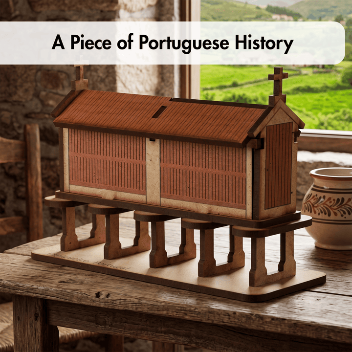A miniature wooden model of a traditional Portuguese church or chapel, displayed on a rustic wooden table with a stone wall and green landscape visible in the background. A text overlay at the top reads &