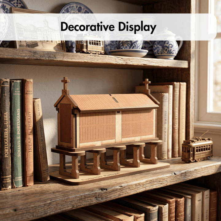 A wooden church-shaped decorative model displayed on a rustic bookshelf among vintage books, with a white banner reading &
