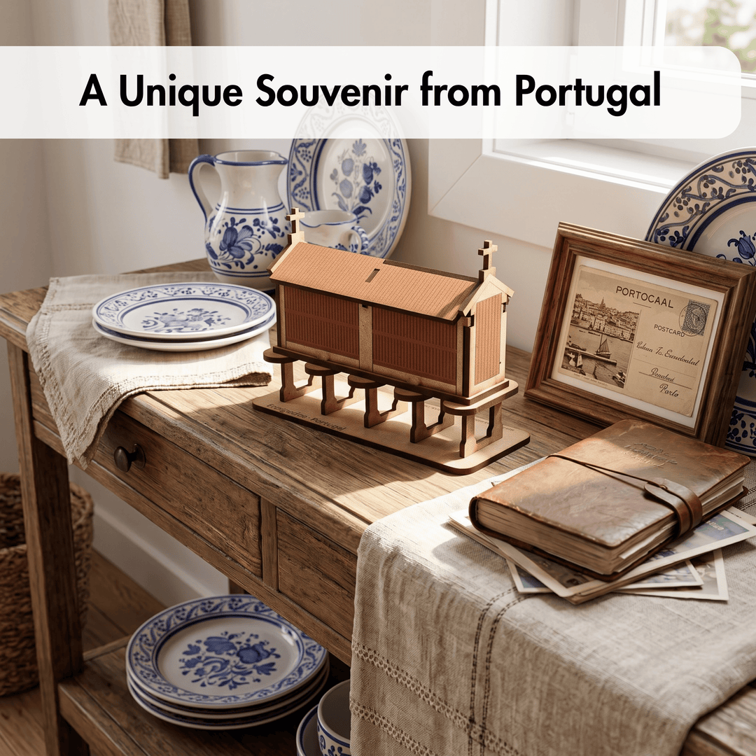 A wooden model of a church on a table, styled with blue-and-white patterned plates, a leather-bound book, a framed &