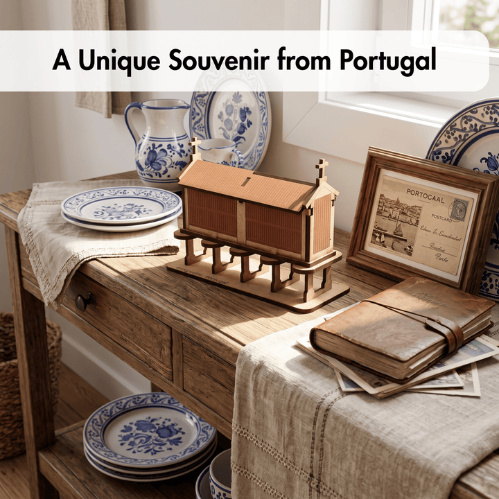 A wooden model of a church on a table, styled with blue-and-white patterned plates, a leather-bound book, a framed &