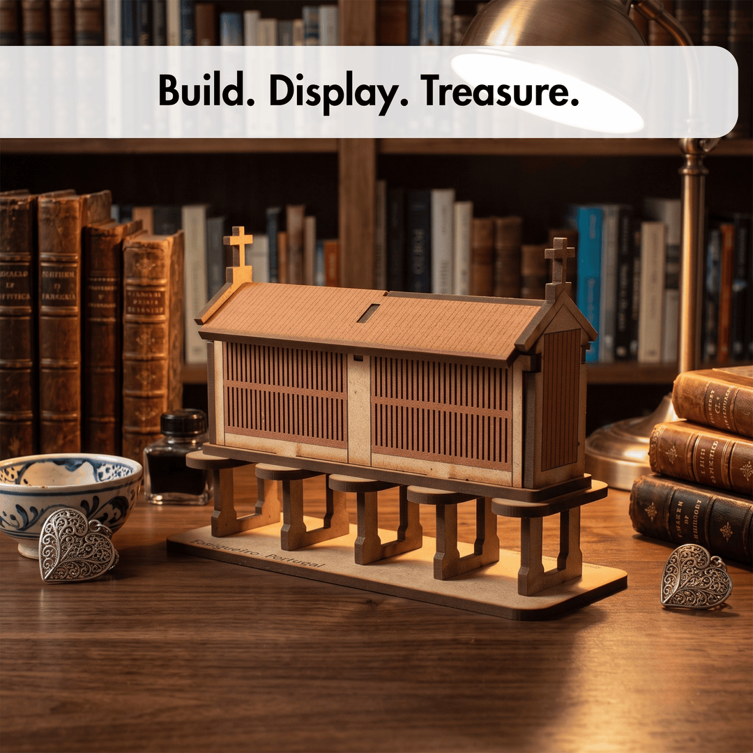 A wooden miniature church model displayed on a wooden table in a warm, book-filled room setting. The church features a pitched roof, small wooden pews in front, and a base with a cross on each end.