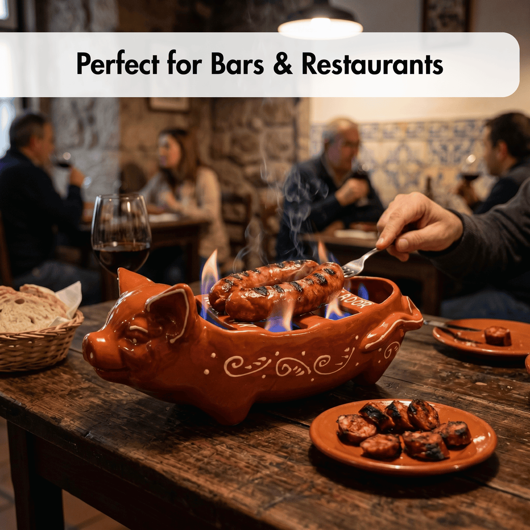 Ceramic pig-shaped fire pit with sausages on a table in a restaurant setting.