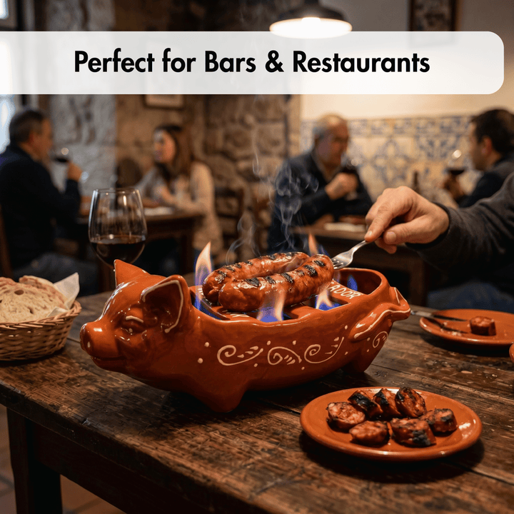 Ceramic pig-shaped fire pit with sausages on a table in a restaurant setting.