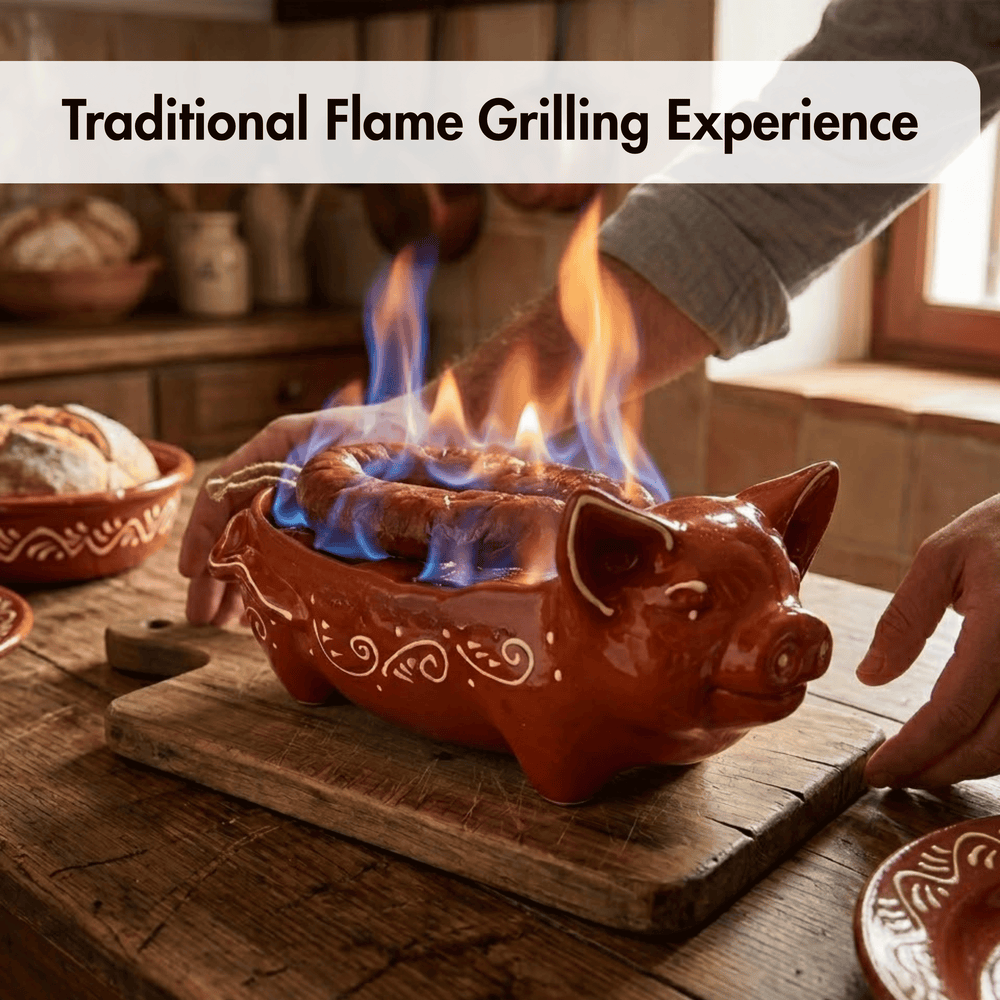 Ceramic pig-shaped grill being lit with flames on a wooden surface.