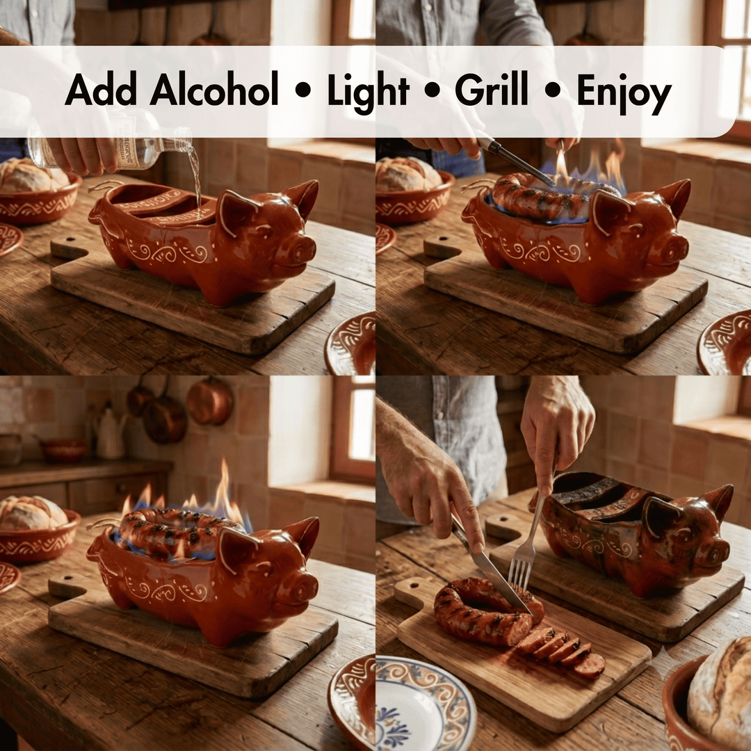 Collage of a pig-shaped barbecue being used to cook food on a wooden table.