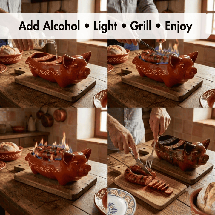 Collage of a pig-shaped barbecue being used to cook food on a wooden table.
