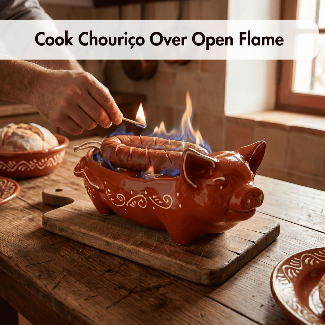 Cooking chourizo over an open flame in a pig-shaped ceramic dish on a wooden table.