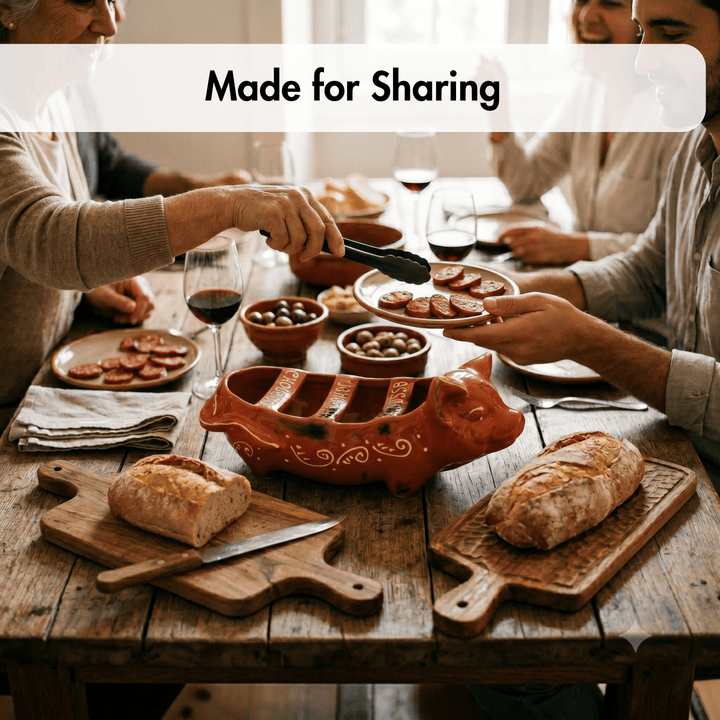 People sharing food at a table with a decorative pig-shaped roaster.