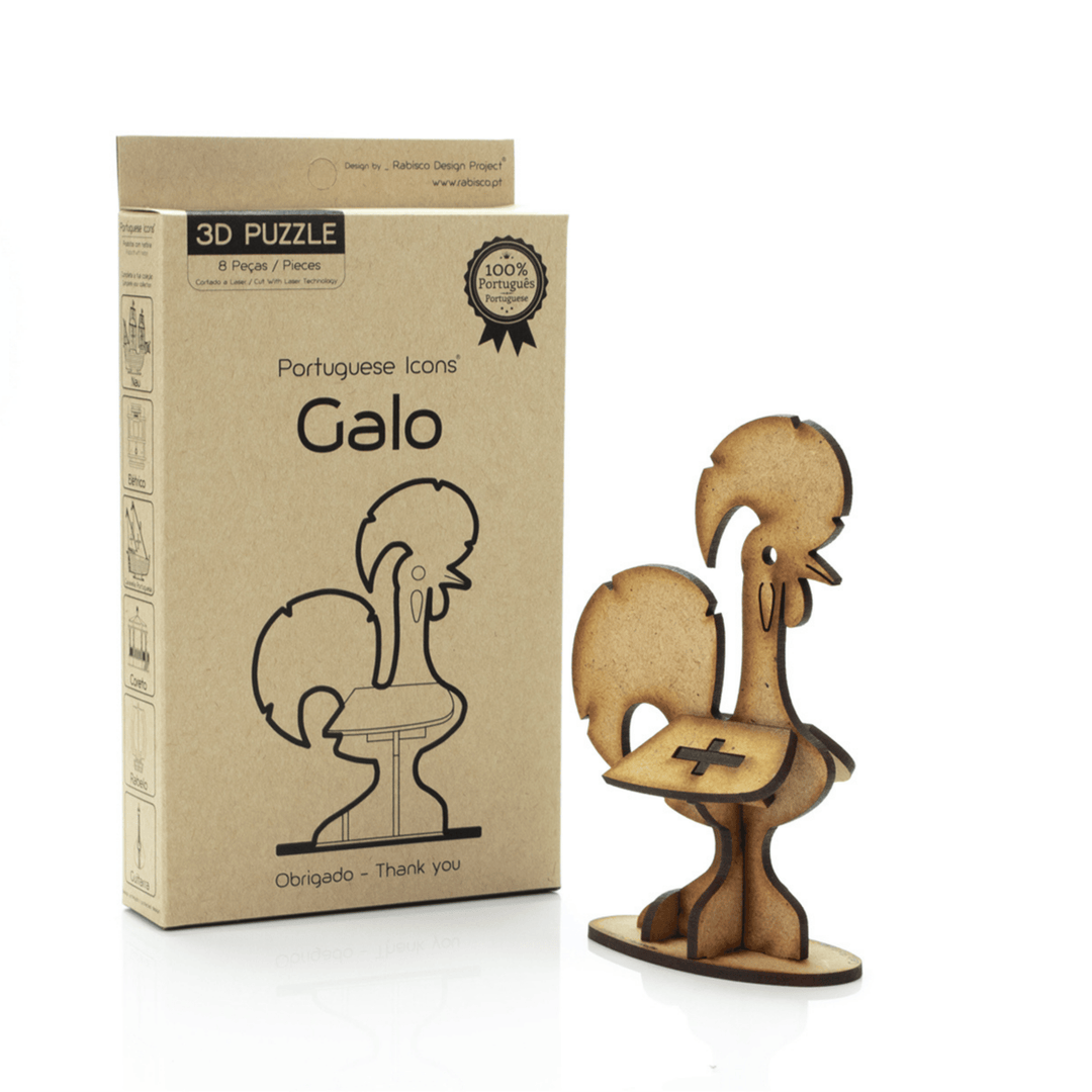 A wooden 3D laser-cut puzzle piece shaped like a rooster standing behind its brown cardboard packaging box, set against a plain white background.