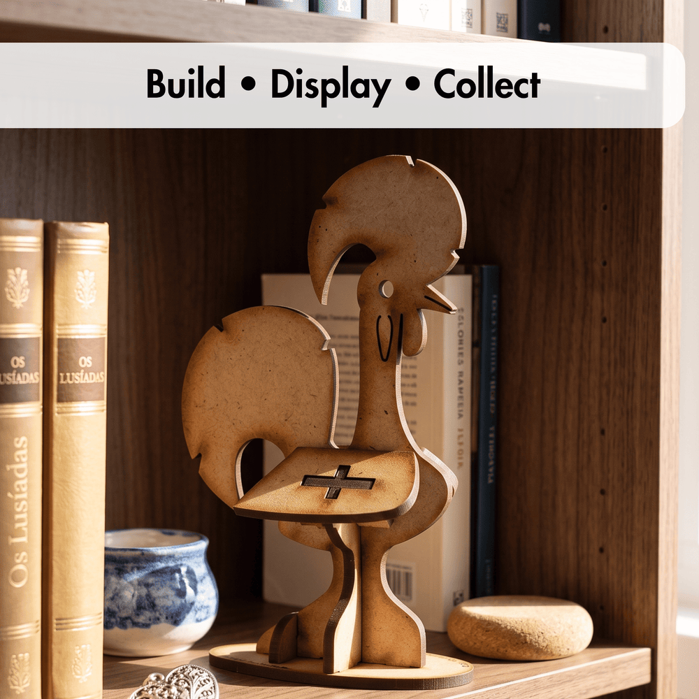 A wooden rooster figurine displayed on a wooden bookshelf, with books and a small blue-and-white ceramic pot in the background. A white banner at the top reads 'Build • Display • Collect'.