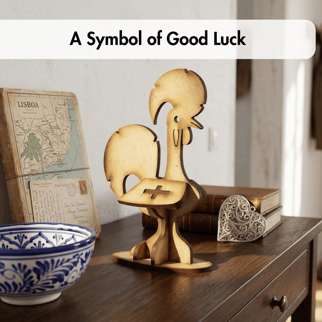 A wooden rooster figurine with a small cross on its back, displayed on a dark wooden table next to a blue and white ceramic bowl, an antique map, and a decorative heart-shaped object. A text overlay at the top reads &