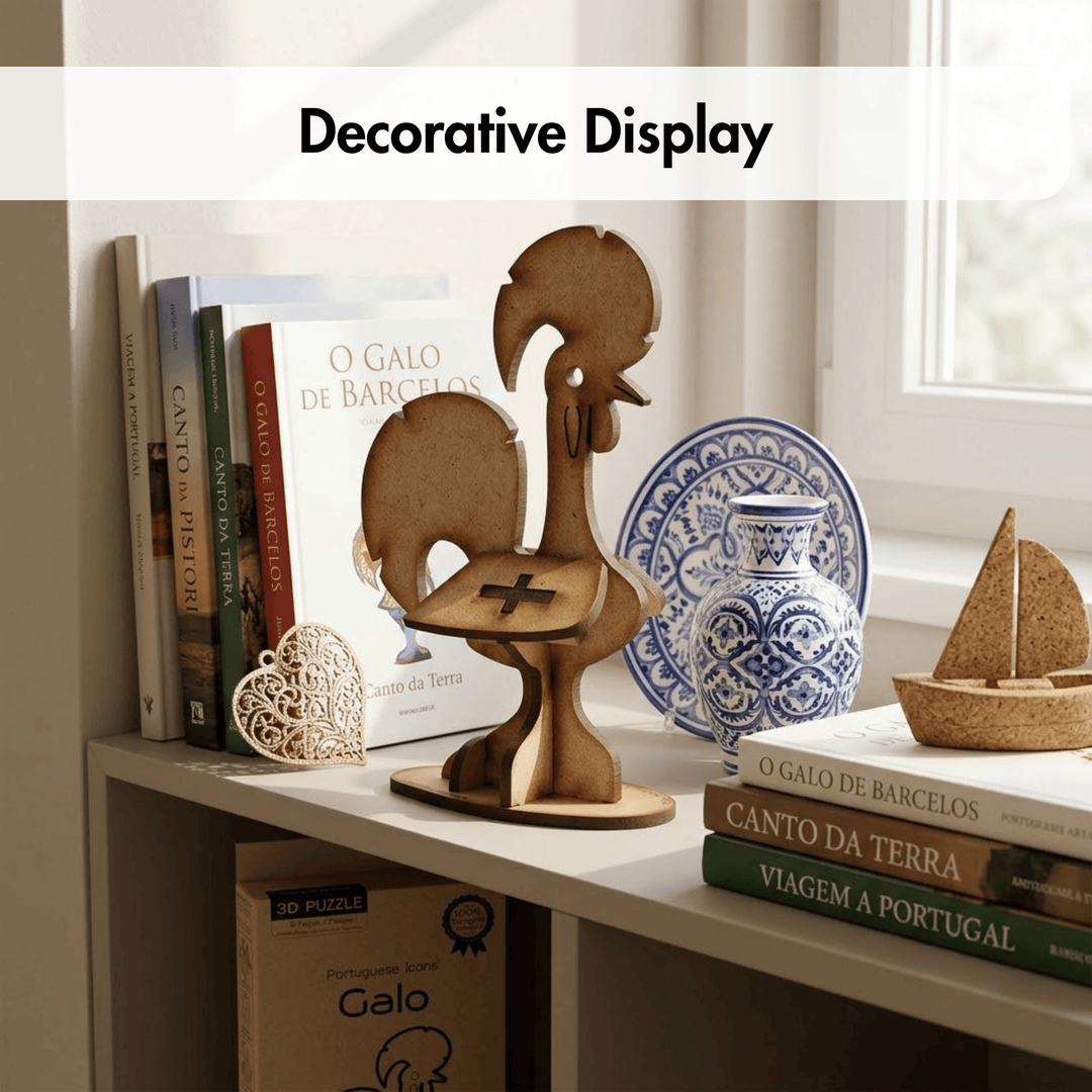 A decorative wooden rooster figurine displayed on a shelf alongside books, a blue-and-white ceramic vase, a small sailboat, and a heart-shaped ornament under the text &