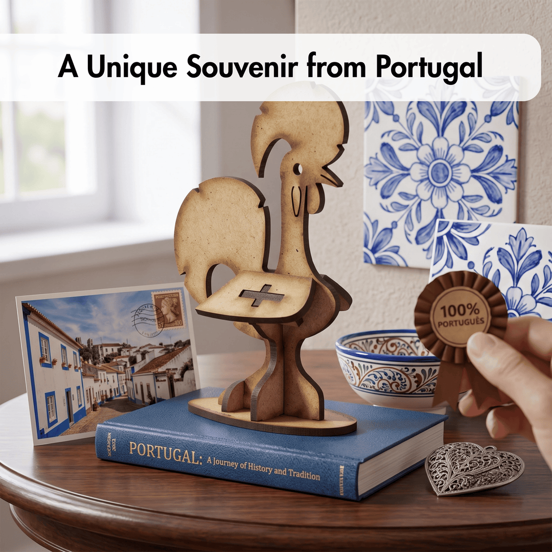 A wooden rooster-shaped souvenir keepsake box displayed on a table with a blue book, a postcard, a ceramic bowl, and a hand holding a round wooden tag that reads &
