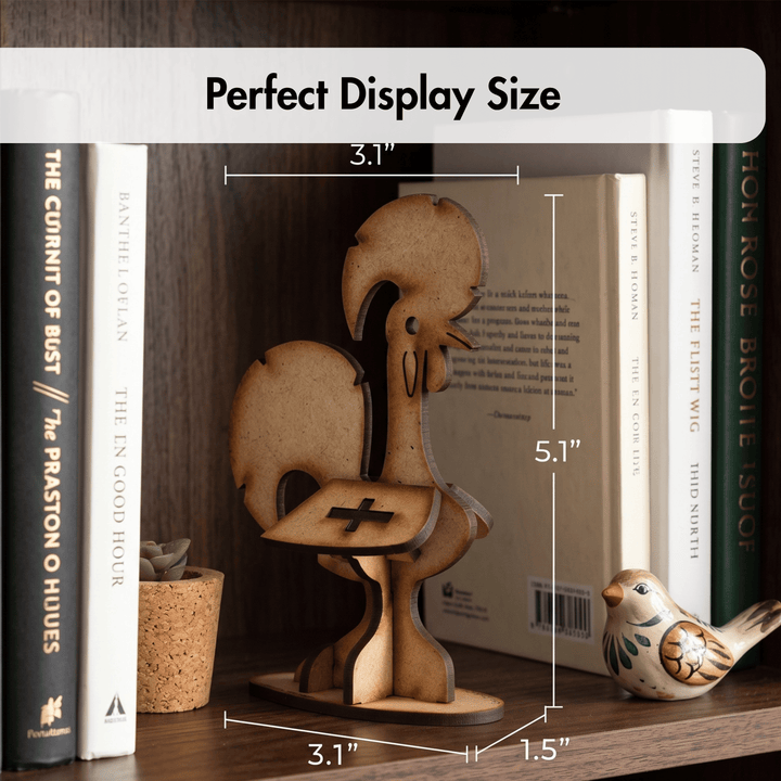 A wooden rooster figurine displayed on a shelf between books, with overlaid dimension lines and the text &