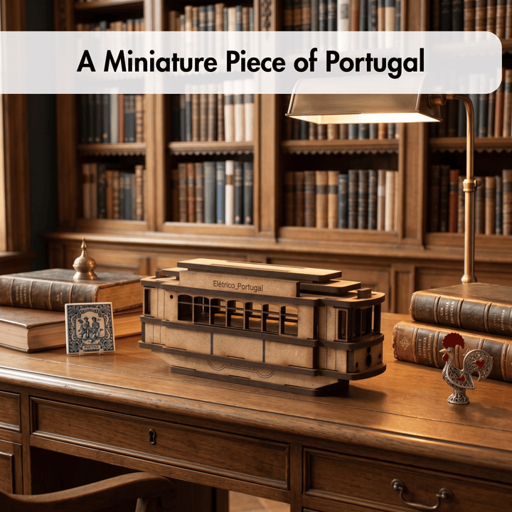 A miniature model of a vintage tram labeled &